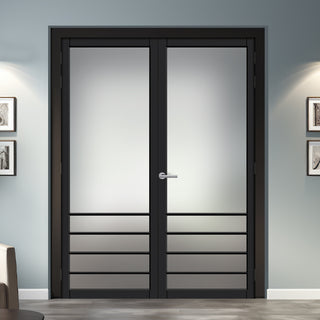 Image: Hirahna Solid Wood Internal Door Pair UK Made DD0109F Frosted Glass - Shadow Black Premium Primed - Urban Lite® Bespoke Sizes