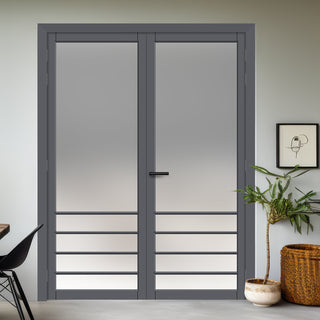 Image: Hirahna Solid Wood Internal Door Pair UK Made DD0109F Frosted Glass - Stormy Grey Premium Primed - Urban Lite® Bespoke Sizes