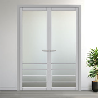 Image: Hirahna Solid Wood Internal Door Pair UK Made DD0109F Frosted Glass - Mist Grey Premium Primed - Urban Lite® Bespoke Sizes
