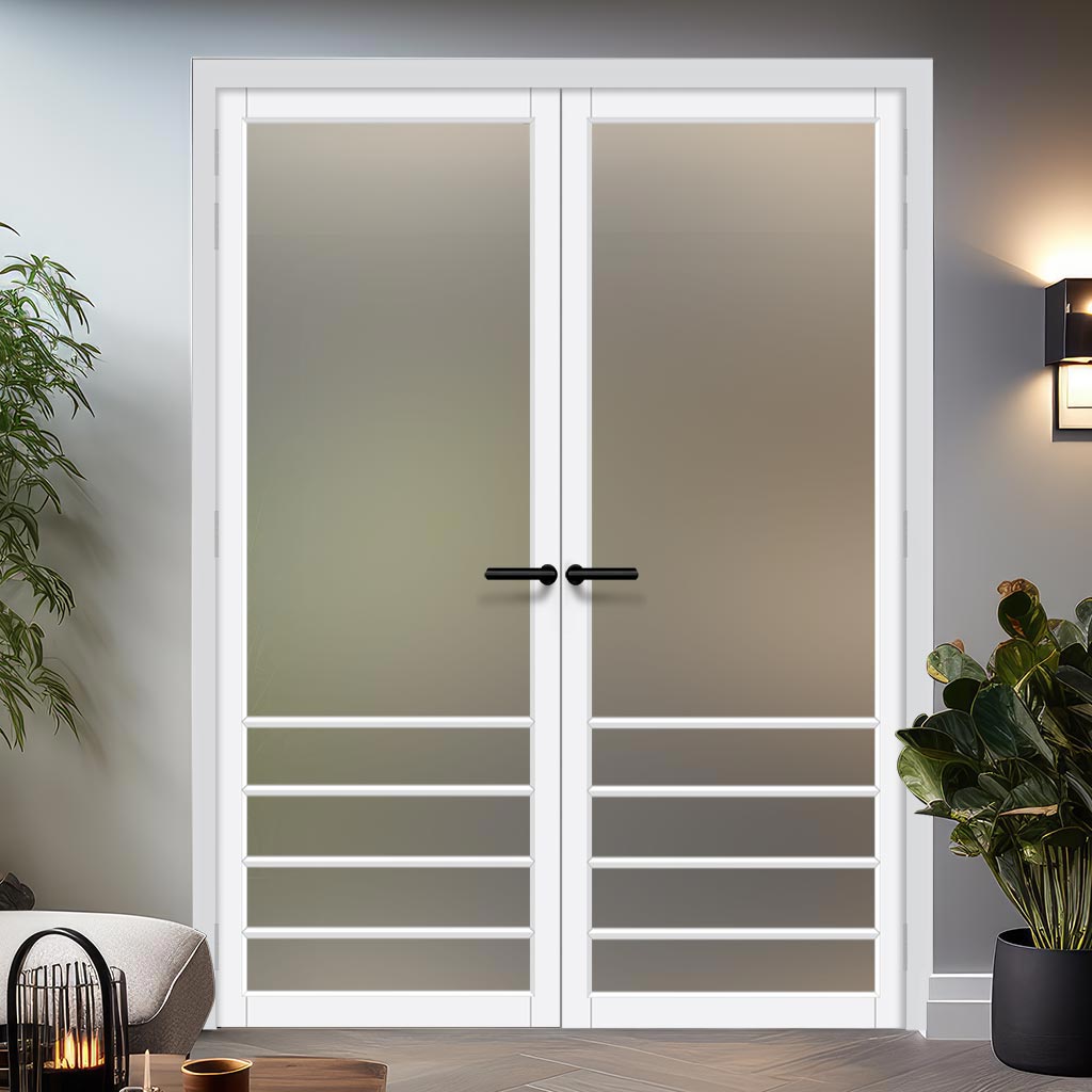 Hirahna Solid Wood Internal Door Pair UK Made DD0109F Frosted Glass - Cloud White Premium Primed - Urban Lite® Bespoke Sizes