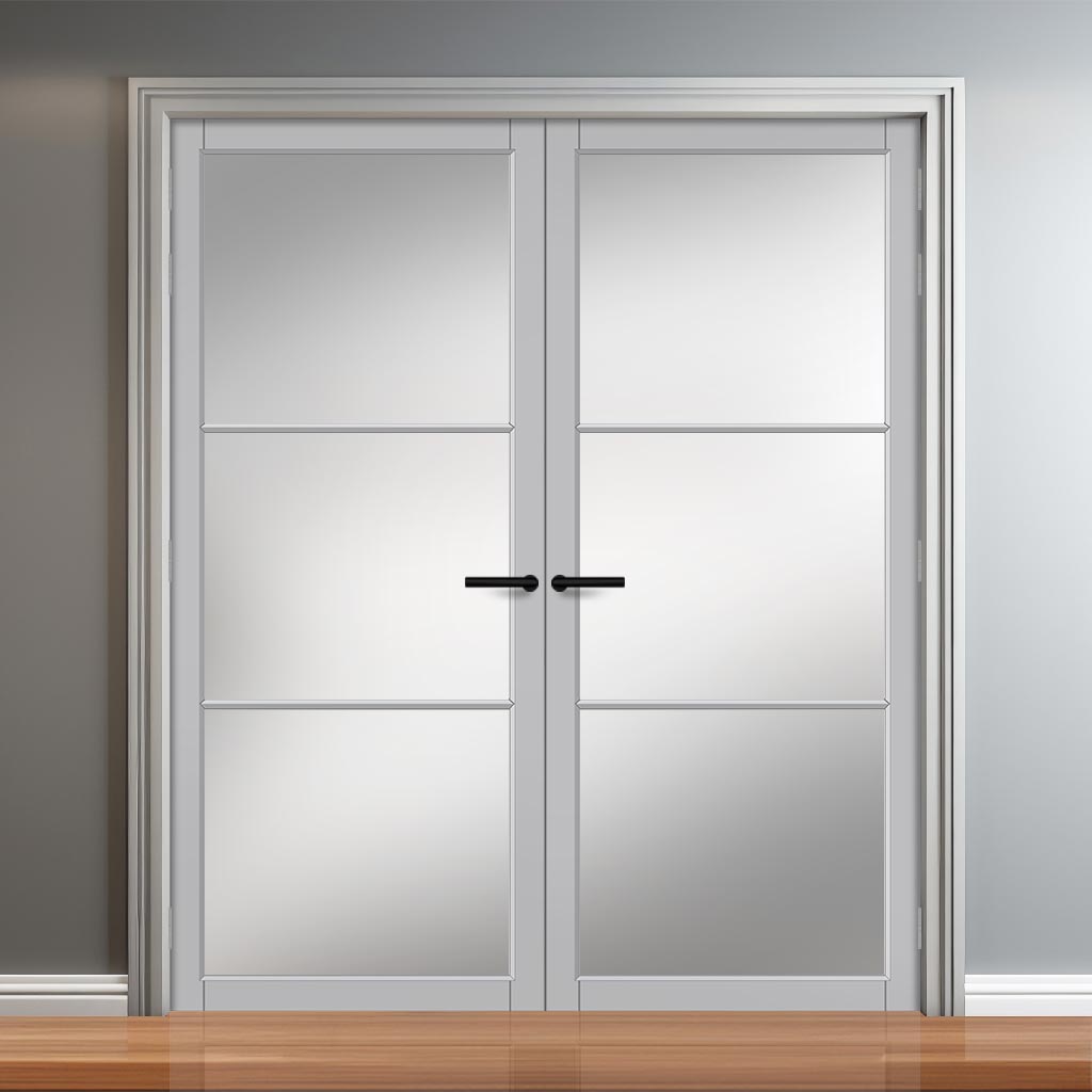 Iretta Solid Wood Internal Door Pair UK Made DD0115F Frosted Glass - Mist Grey Premium Primed - Urban Lite® Bespoke Sizes