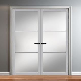 Image: Iretta Solid Wood Internal Door Pair UK Made DD0115F Frosted Glass - Mist Grey Premium Primed - Urban Lite® Bespoke Sizes