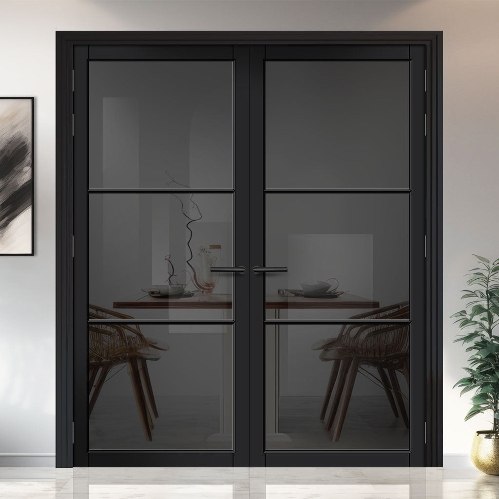 Iretta Solid Wood Internal Door Pair UK Made DD0115T Tinted Glass - Shadow Black Premium Primed - Urban Lite® Bespoke Sizes
