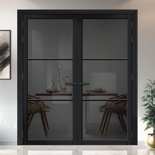 Image: Iretta Solid Wood Internal Door Pair UK Made DD0115T Tinted Glass - Shadow Black Premium Primed - Urban Lite® Bespoke Sizes
