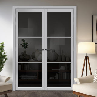 Image: Iretta Solid Wood Internal Door Pair UK Made DD0115T Tinted Glass - Mist Grey Premium Primed - Urban Lite® Bespoke Sizes