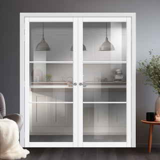 Image: Iretta Solid Wood Internal Door Pair UK Made DD0115C Clear Glass - Cloud White Premium Primed - Urban Lite® Bespoke Sizes