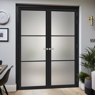 Image: Iretta Solid Wood Internal Door Pair UK Made DD0115F Frosted Glass - Shadow Black Premium Primed - Urban Lite® Bespoke Sizes