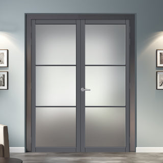 Image: Iretta Solid Wood Internal Door Pair UK Made DD0115F Frosted Glass - Stormy Grey Premium Primed - Urban Lite® Bespoke Sizes