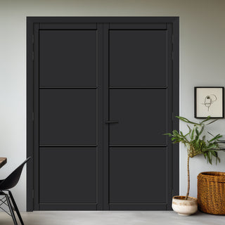 Image: Iretta Panel Solid Wood Internal Door Pair UK Made DD0115P - Shadow Black Premium Primed - Urban Lite® Bespoke Sizes