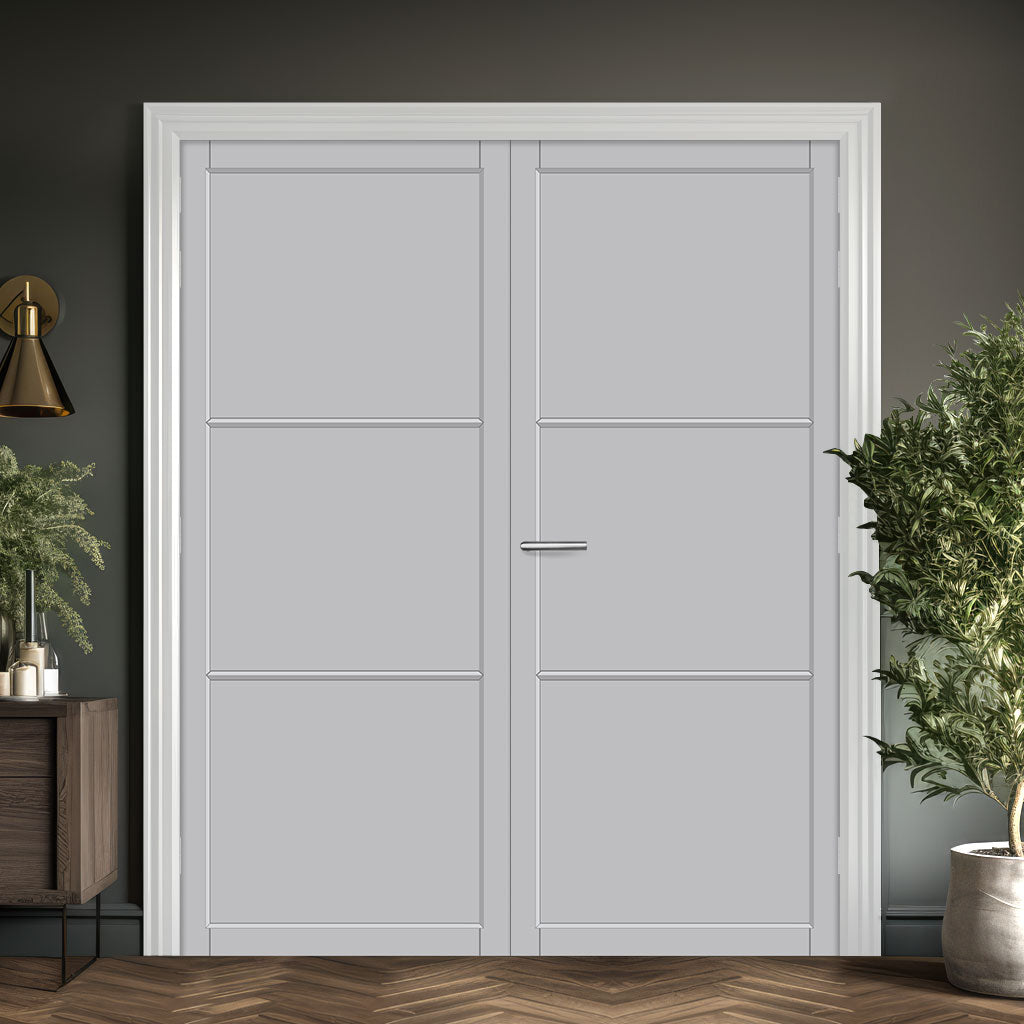 Iretta Panel Solid Wood Internal Door Pair UK Made DD0115P - Mist Grey Premium Primed - Urban Lite® Bespoke Sizes