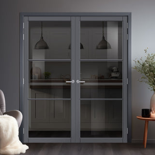Image: Iretta Solid Wood Internal Door Pair UK Made DD0115T Tinted Glass - Stormy Grey Premium Primed - Urban Lite® Bespoke Sizes