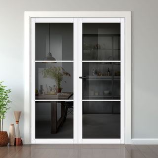 Image: Iretta Solid Wood Internal Door Pair UK Made DD0115T Tinted Glass - Cloud White Premium Primed - Urban Lite® Bespoke Sizes