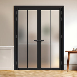 Image: Kora Solid Wood Internal Door Pair UK Made DD0116F Frosted Glass - Shadow Black Premium Primed - Urban Lite® Bespoke Sizes