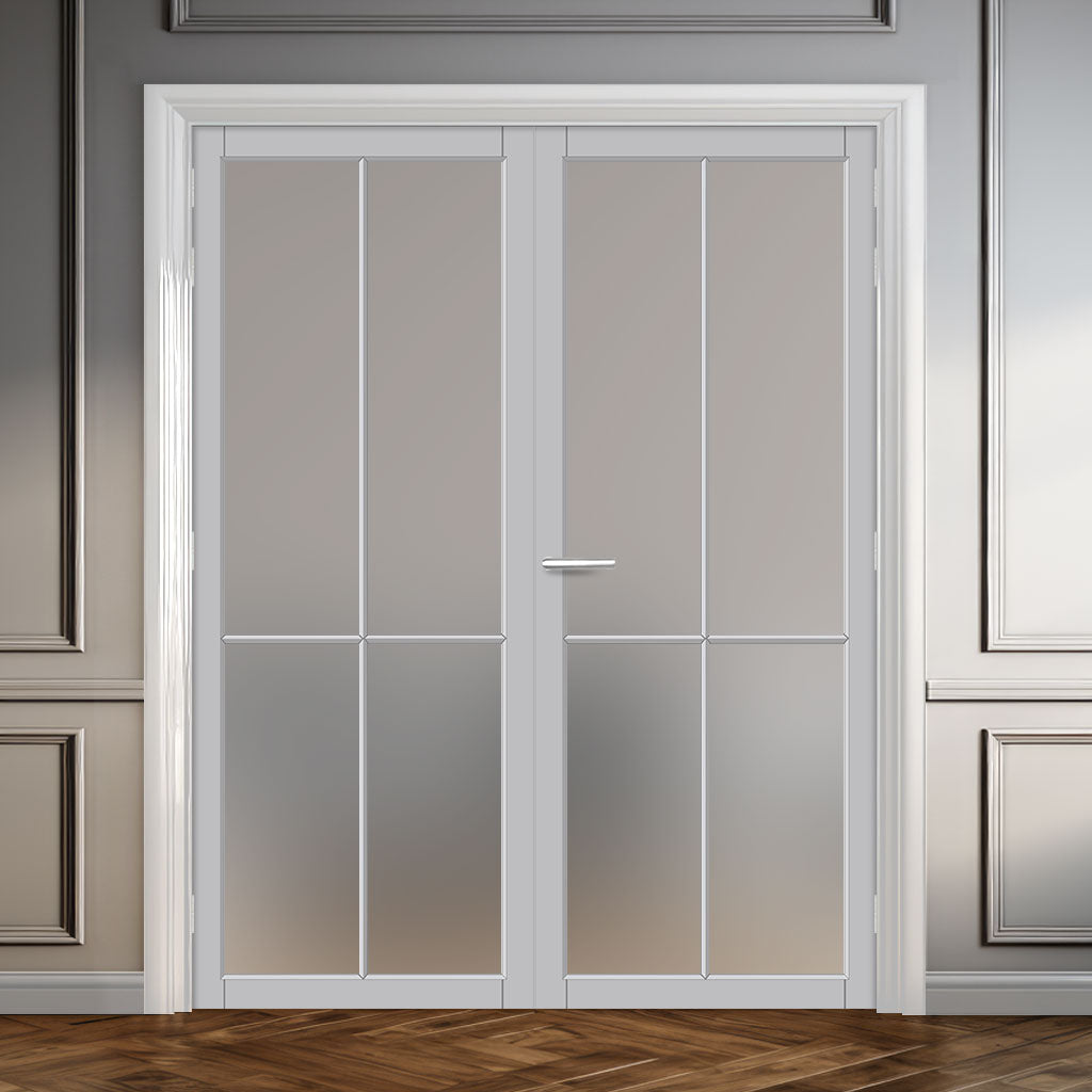 Kora Solid Wood Internal Door Pair UK Made DD0116F Frosted Glass - Mist Grey Premium Primed - Urban Lite® Bespoke Sizes