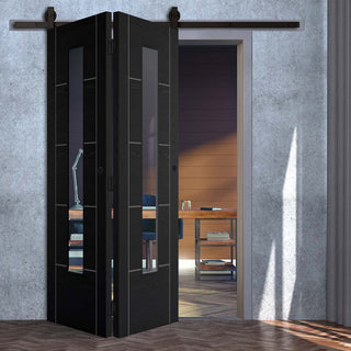 Image: SpaceEasi Top Mounted Black Folding Track & Double Door  - Laminate Vancouver Black Door - Prefinished - Clear Glass - Prefinished