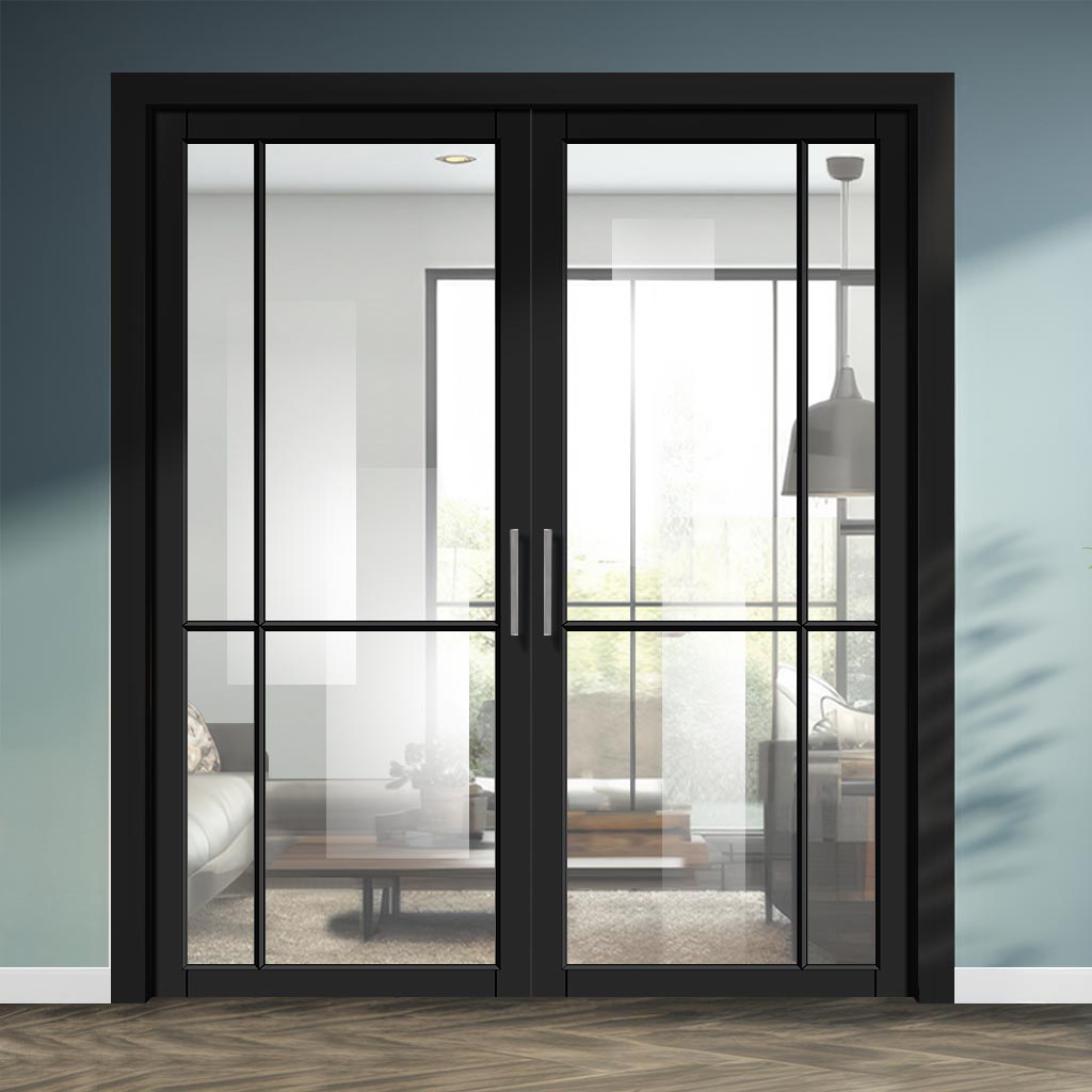 Lerens Solid Wood Internal Door Pair UK Made DD0117C Clear Glass - Shadow Black Premium Primed - Urban Lite® Bespoke Sizes