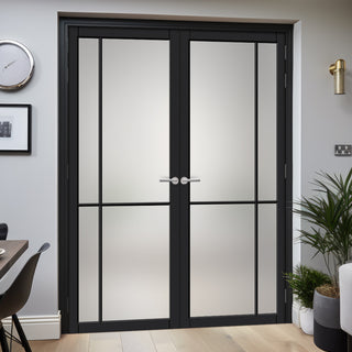 Image: Lerens Solid Wood Internal Door Pair UK Made DD0117F Frosted Glass - Shadow Black Premium Primed - Urban Lite® Bespoke Sizes