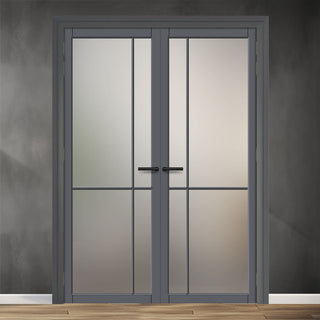 Image: Lerens Solid Wood Internal Door Pair UK Made DD0117F Frosted Glass - Stormy Grey Premium Primed - Urban Lite® Bespoke Sizes