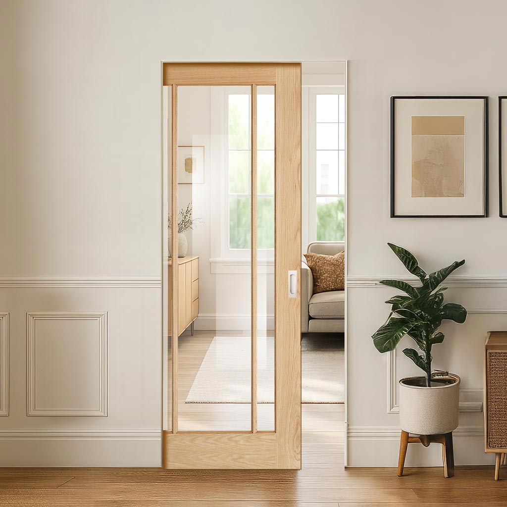 Lincoln Glazed Oak Absolute Evokit Single Pocket Doors - Clear Glass - Unfinished