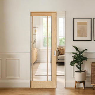 Image: Lincoln Glazed Oak Absolute Evokit Single Pocket Doors - Clear Glass - Unfinished