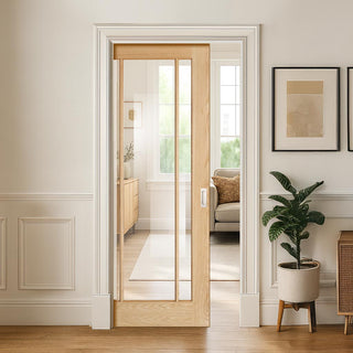 Image: Lincoln Glazed Oak Single Evokit Pocket Door - Clear Glass