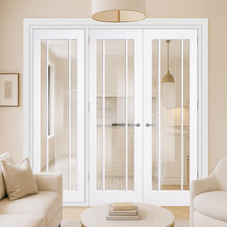 Image: ThruEasi Room Divider - Lincoln 3 Pane White Clear Glass Unfinished Double Doors with Single Side
