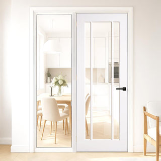 Image: ThruEasi White Room Divider - Lincoln 3 Pane Unfinished Door with Full Glass Side
