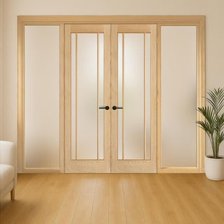 Image: ThruEasi Oak Room Divider - Lincoln 3 Pane Frosted Glass Unfinished Door Pair with Full Glass Sides