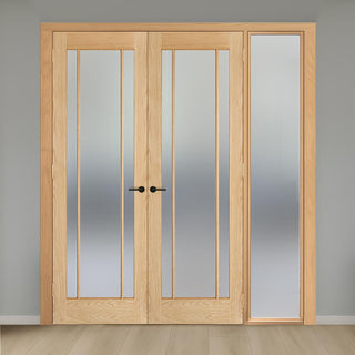 Image: ThruEasi Oak Room Divider - Lincoln 3 Pane Frosted Glass Unfinished Door Pair with Full Glass Side