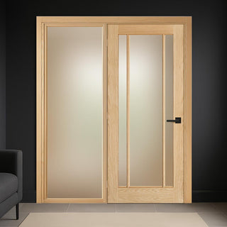 Image: ThruEasi Oak Room Divider - Lincoln 3 Pane Frosted Glass Unfinished Door with Full Glass Side