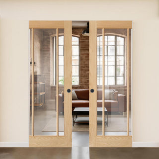 Image: Lincoln Glazed Oak Absolute Evokit Double Pocket Doors - Clear Glass - Unfinished