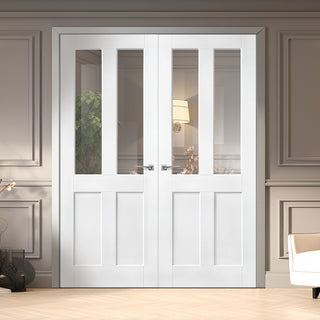 Image: London 2L Internal Door Pair - White Primed - Clear Glass