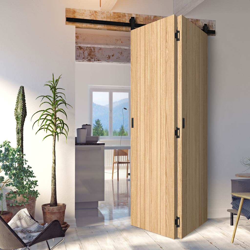 Sliding Top Mounted Black Folding Track & Double Door - Montreal Oak Flush Internal Door - Prefinished