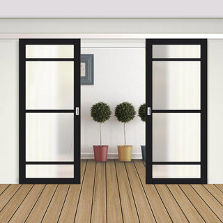 Image: Double Sliding Door & Premium Wall Track - Eco-Urban® Malvan 4 Pane Doors DD6414SG Frosted Glass - 6 Colour Options