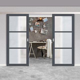 Image: Double Sliding Door & Premium Wall Track - Eco-Urban® Manchester 3 Pane Doors DD6306SG - Frosted Glass - 6 Colour Options