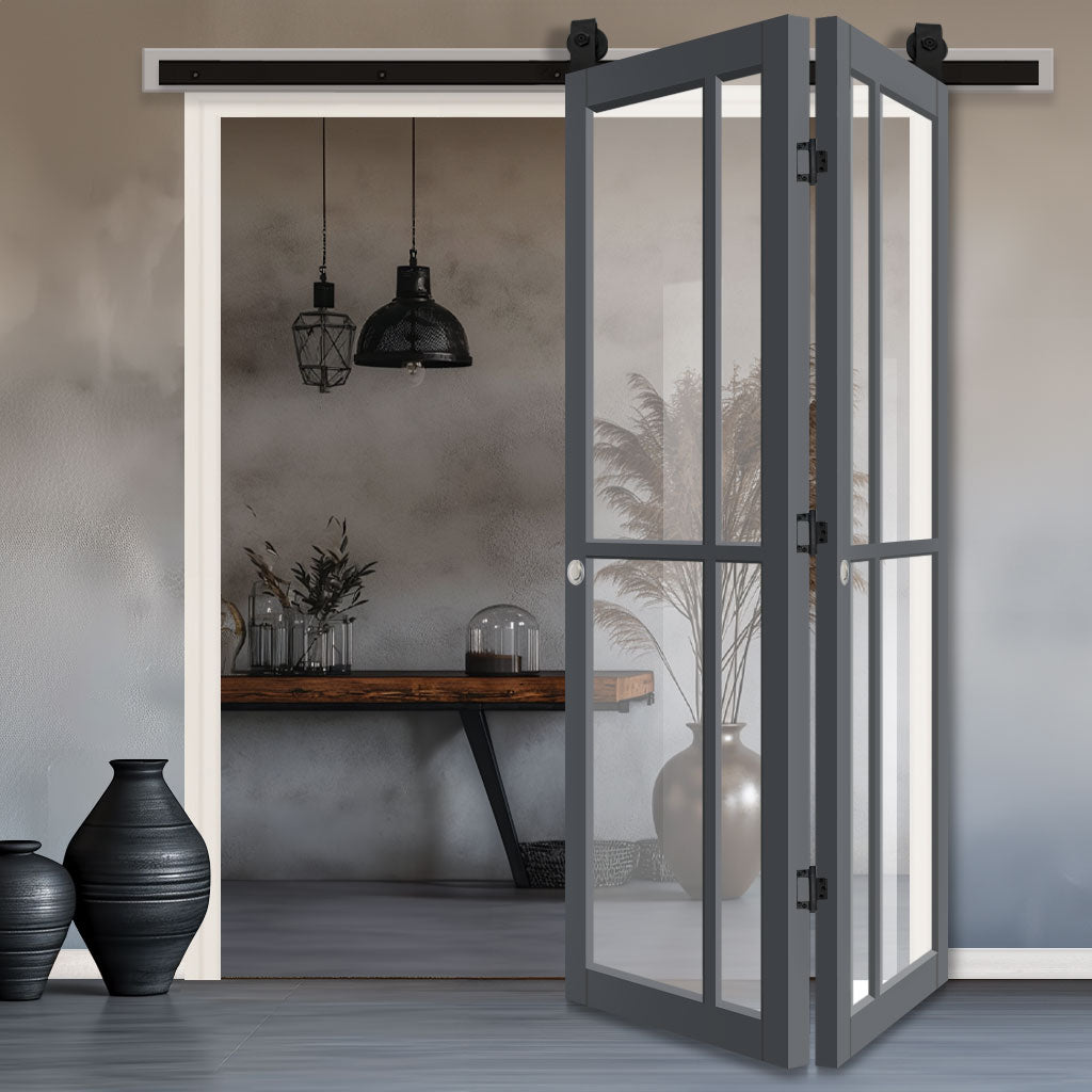 Sliding Top Mounted Black Folding Track & Double Door - Eco-Urban® Marfa 4 Pane Solid Wood Door DD6313G - Clear Glass - Premium Primed Colour Options
