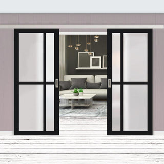 Image: Double Sliding Door & Premium Wall Track - Eco-Urban® Marfa 4 Pane Doors DD6313SG - Frosted Glass - 6 Colour Options