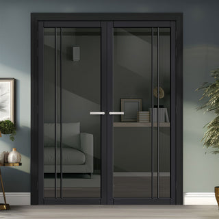 Image: Milano Solid Wood Internal Door Pair UK Made DD0101T Tinted Glass - Shadow Black Premium Primed - Urban Lite® Bespoke Sizes