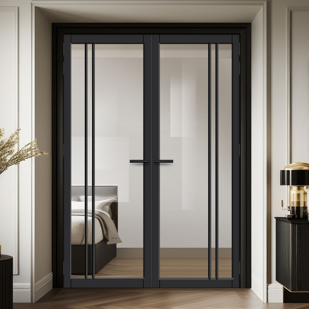 Milano Solid Wood Internal Door Pair UK Made DD0101C Clear Glass - Shadow Black Premium Primed - Urban Lite® Bespoke Sizes