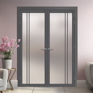 Image: Milano Solid Wood Internal Door Pair UK Made DD0101F Frosted Glass - Stormy Grey Premium Primed - Urban Lite® Bespoke Sizes