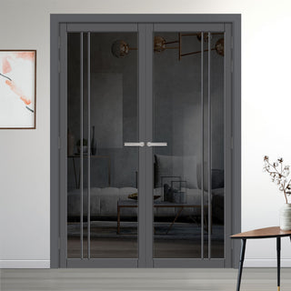 Image: Milano Solid Wood Internal Door Pair UK Made DD0101T Tinted Glass - Stormy Grey Premium Primed - Urban Lite® Bespoke Sizes