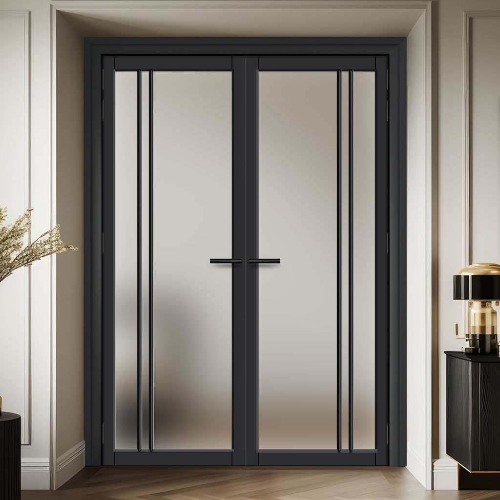 Milano Solid Wood Internal Door Pair UK Made DD0101F Frosted Glass - Shadow Black Premium Primed - Urban Lite® Bespoke Sizes
