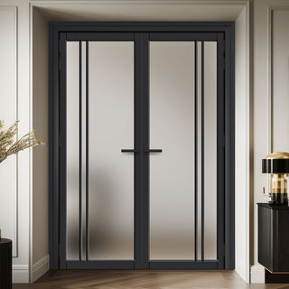 Image: Milano Solid Wood Internal Door Pair UK Made DD0101F Frosted Glass - Shadow Black Premium Primed - Urban Lite® Bespoke Sizes