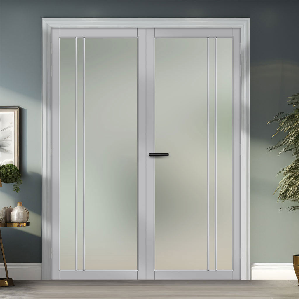Milano Solid Wood Internal Door Pair UK Made DD0101F Frosted Glass - Mist Grey Premium Primed - Urban Lite® Bespoke Sizes