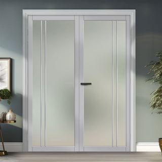 Image: Milano Solid Wood Internal Door Pair UK Made DD0101F Frosted Glass - Mist Grey Premium Primed - Urban Lite® Bespoke Sizes