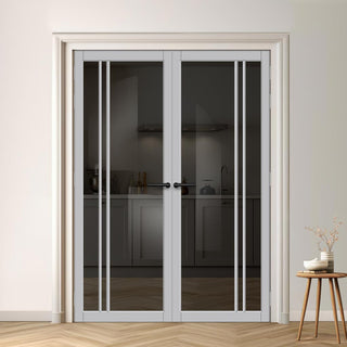 Image: Milano Solid Wood Internal Door Pair UK Made DD0101T Tinted Glass - Mist Grey Premium Primed - Urban Lite® Bespoke Sizes