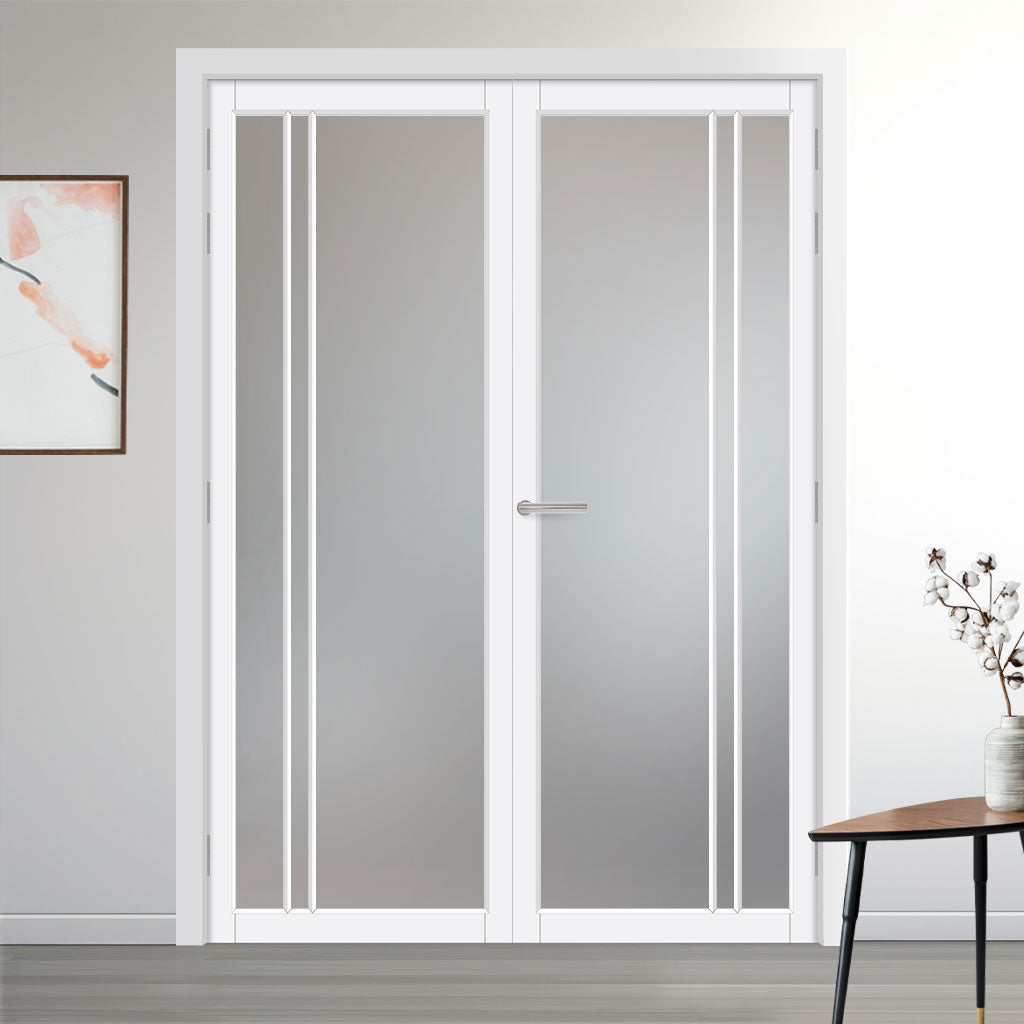 Milano Solid Wood Internal Door Pair UK Made DD0101F Frosted Glass - Cloud White Premium Primed - Urban Lite® Bespoke Sizes