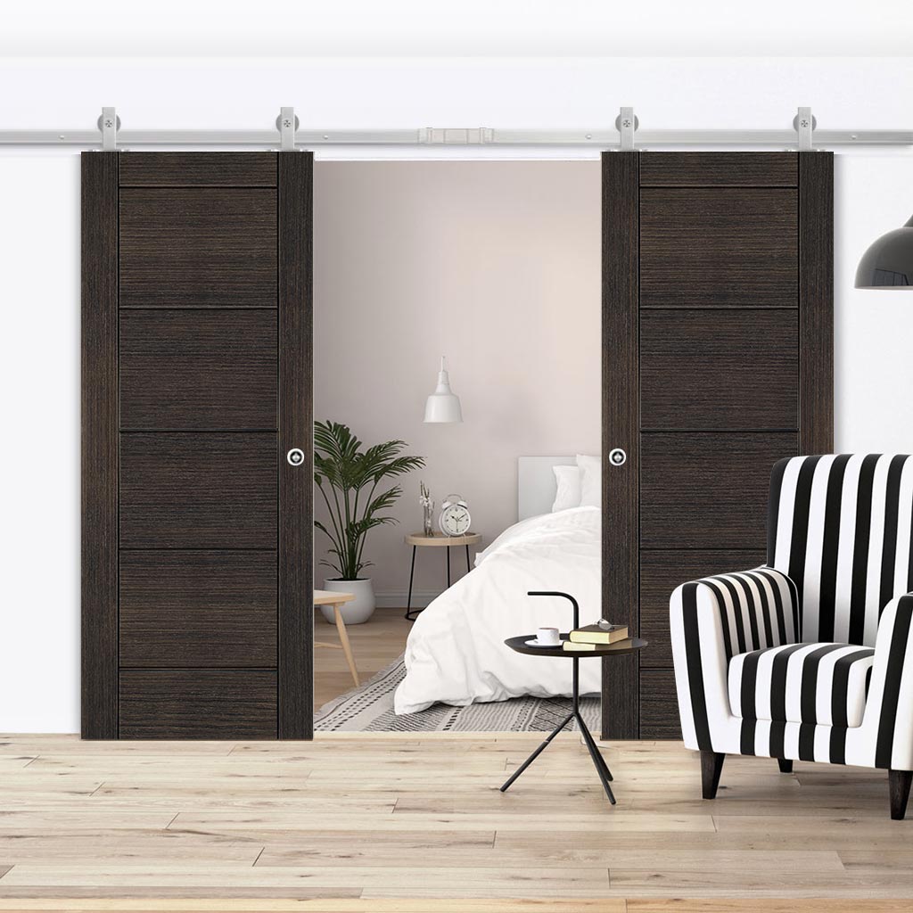 Top Mounted Stainless Steel Sliding Track & Montreal Prefinished Dark Grey Ash Double Door