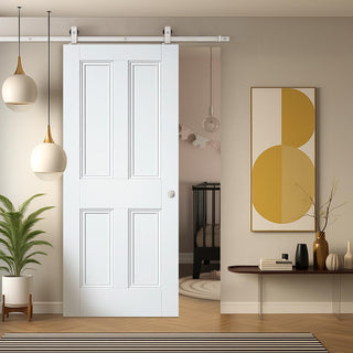 Image: Top Mounted Stainless Steel Sliding Track & Door - Nostalgia 4 Panel White Primed Internal Door - Unfinished