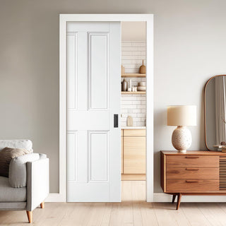 Image: Nostalgia 4 Panel White Primed Single Evokit Pocket Door - Unfinished